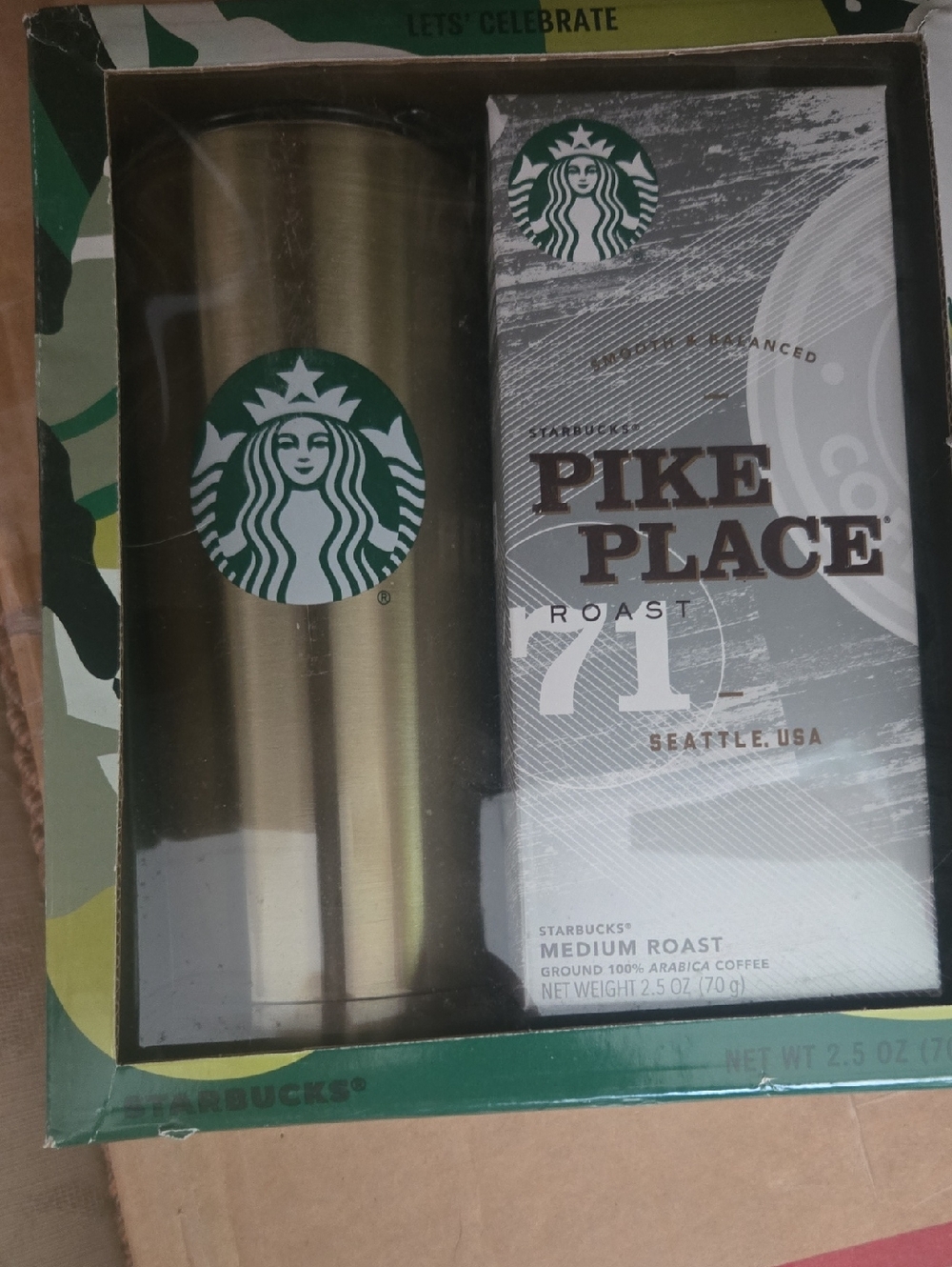 Starbucks Gold Tumbler & Pike Place Coffee Gift Set
